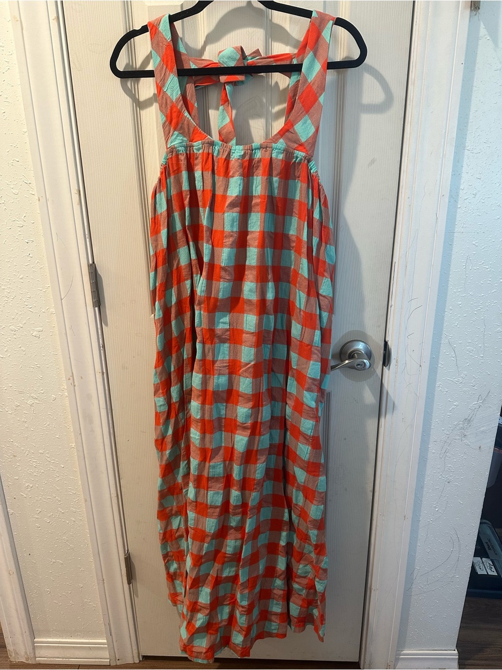 Anthropologie Coral and Mint Check Tie Back Maxi Dress